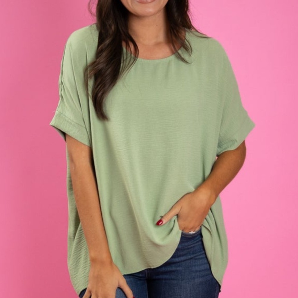 Sage Green Airflow Round Neck Top w/ Cuffed Short Sleeves
